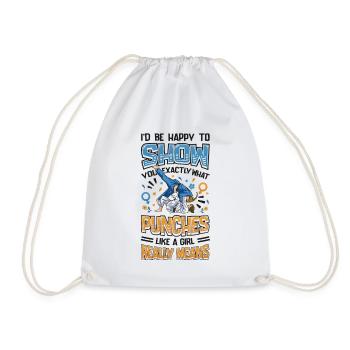 Show what "punches like a girl" means: - Drawstring Bag - white - Front