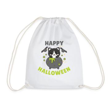Cat Happy Halloween Cauldron Bat - Drawstring Bag - white - Front