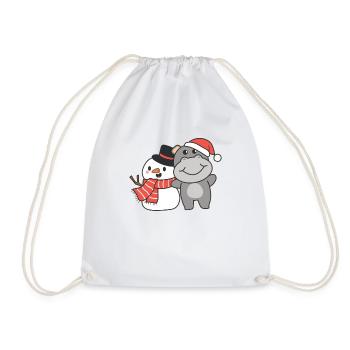 Hippo with snowman in winter for Christmas - Drawstring Bag - white - Front