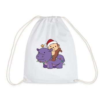 Christmas Hippo Monkey Merry Christmas Hippo - Drawstring Bag - white - Front