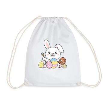 happy easter cute bunny Easter with Easter eggs - Drawstring Bag - white - Front