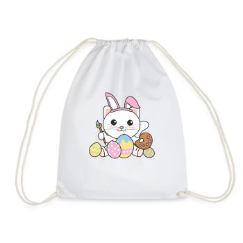 happy easter cute cat Easter with Easter eggs - Drawstring Bag - white - Front