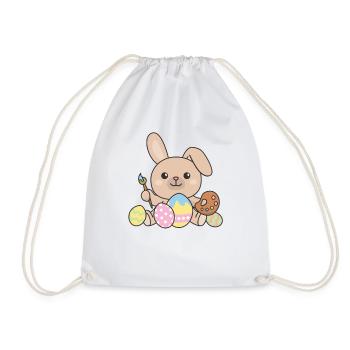 happy easter cute bunny Easter with Easter eggs - Drawstring Bag - white - Front