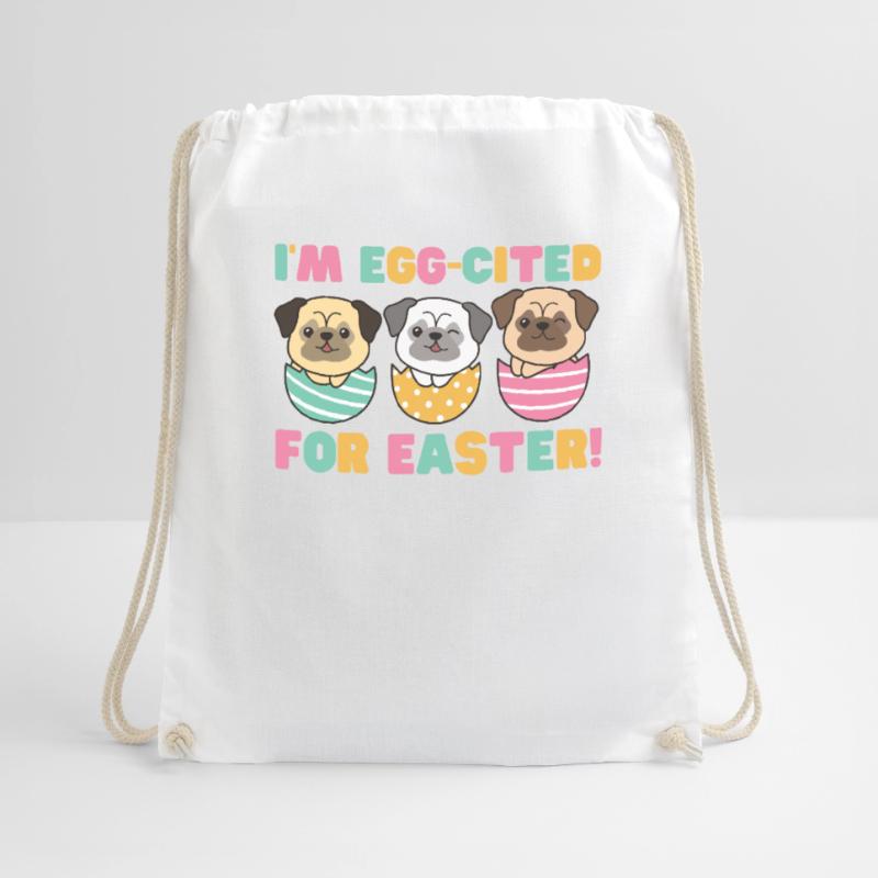 cute dogs at Easter with Easter eggs pug Drawstring Bag