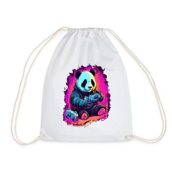 cute fat japanese panda gamer Play Consol - Drawstring Bag - white - Front