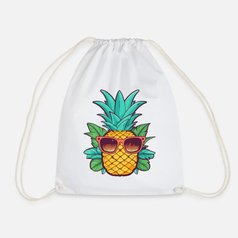 Cartoon Pineapple Summer with Sunglasses Good Vibes - Drawstring Bag - white