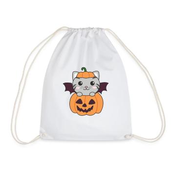 Cat Happy Halloween Pumpkin Bat Costume - Drawstring Bag - white - Front