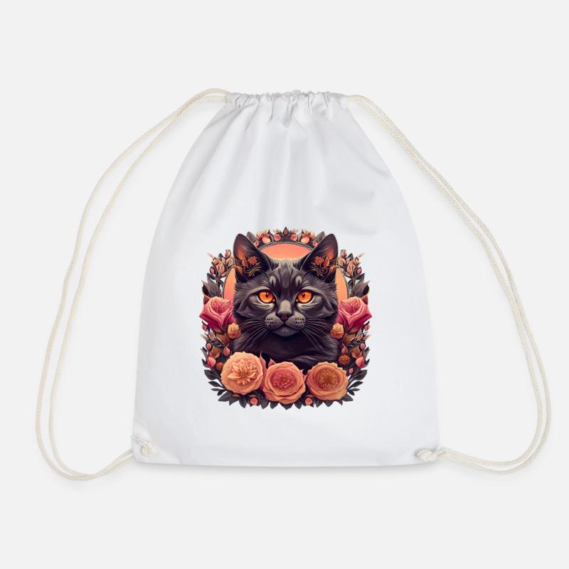 Floral Cat - Drawstring Bag - white