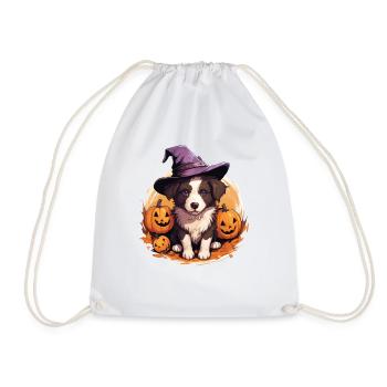 Halloween Chapeau de Sorcière Citrouille Chien Border Collie - Sac de sport léger - blanc - Devant