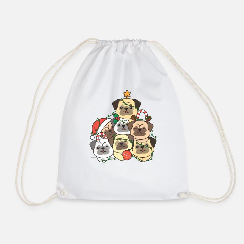 Pug Christmas Tree Funny Animal Christmas - Drawstring Bag - white