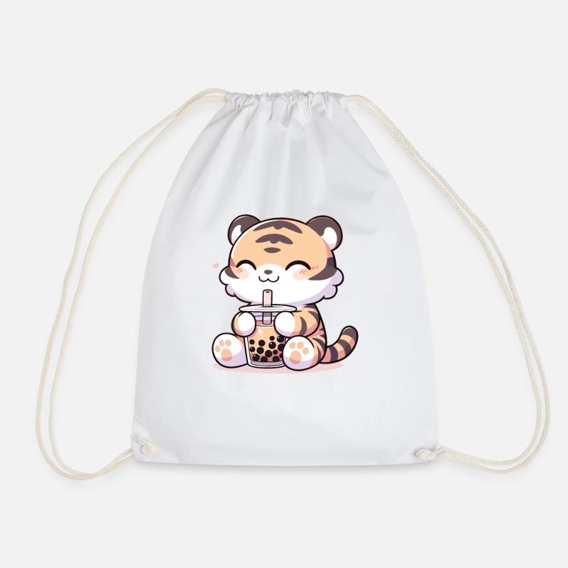 Kawaii Tiger Bubble Tea Boba Tiger - Drawstring Bag - white