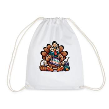 Thanksgiving Grandma Turkey Knitting - Drawstring Bag - white - Front
