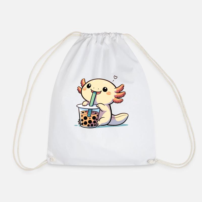 Kawaii Axolotl Bubble Tea Boba Axolotl - Drawstring Bag - white