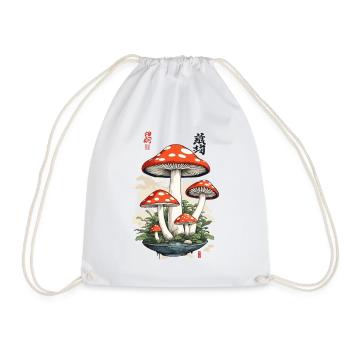 Vintage Japan Toadstool Mushroom Picker Art - Drawstring Bag - white - Front