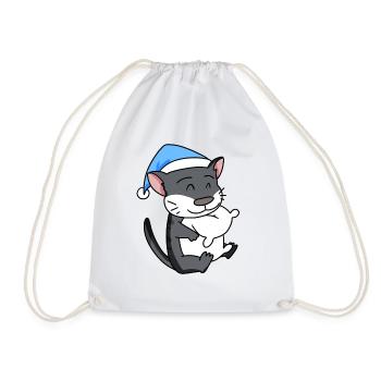 Sleeping Tired - Cat with Pillow and Sleepy Cap - Drawstring Bag - white - Front