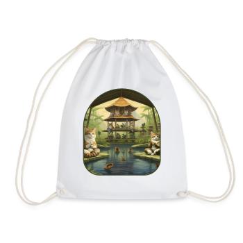 Zen Garden Yoga Cats Stretching on Mushroom Mats - Drawstring Bag - white - Front