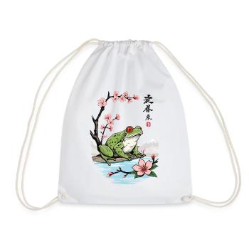 Vintage Ukiyo-E Frog Cherry Blossom Design - Drawstring Bag - white - Front