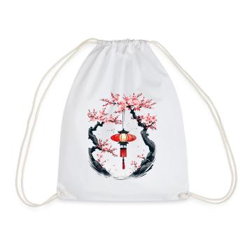 Japan Cherry Blossom Ukiyo-E Aesthetic Lantern - Drawstring Bag - white - Front