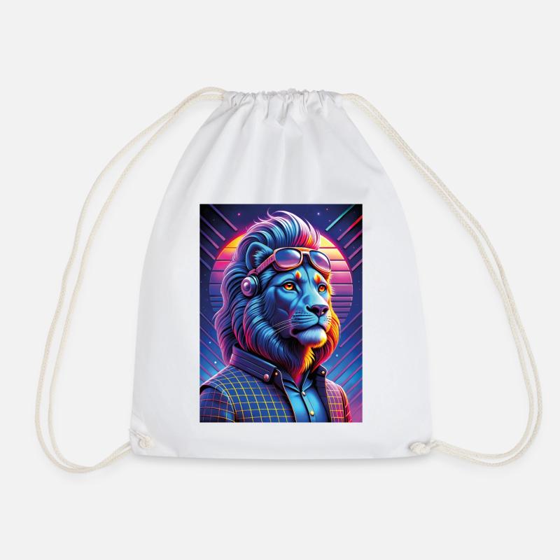 Neon Cyber Lion with Sunglasses - Drawstring Bag - white