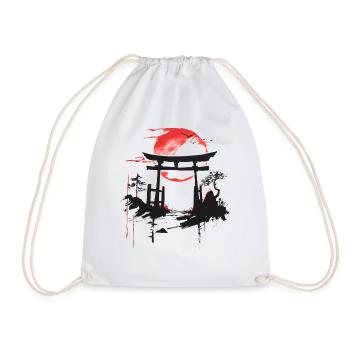 Japanese Tree Red Moon Birds Aesthetic Bonsai - Drawstring Bag - white - Front