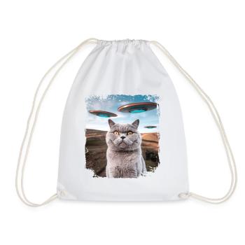 Funny British Shorthair Cat selfie with Alien UFOs - Drawstring Bag - white - Front