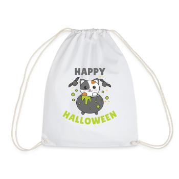 Cat Happy Halloween Witch's Cauldron Bat - Drawstring Bag - white - Front