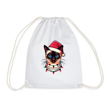 Christmas Hat Christmas Fairy Lights Siamese Cat - Drawstring Bag - white - Front