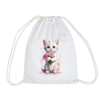 Playful Kitty with Pink Blossoms - Drawstring Bag - white - Front