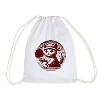 Cute cat playing table tennis in retro style - Drawstring Bag - white - Front