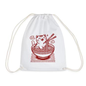 Kawaii Cat With Ramen Noodles Streetwear - Drawstring Bag - white - Front