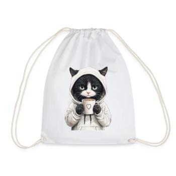 Cool cat with sunglasses & coffee - Drawstring Bag - white - Front