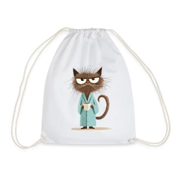 Morning grouch cat with coffee in bathrobe - Drawstring Bag - white - Front