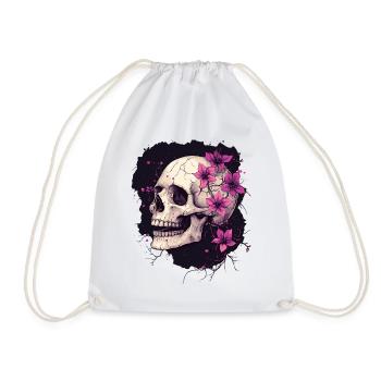 Weathered skull with purple flowers - Drawstring Bag - white - Front