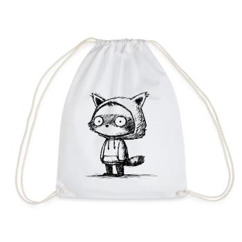 Kawaii Raccoon Cartoon Sketch – Funny Motif - Drawstring Bag - white - Front