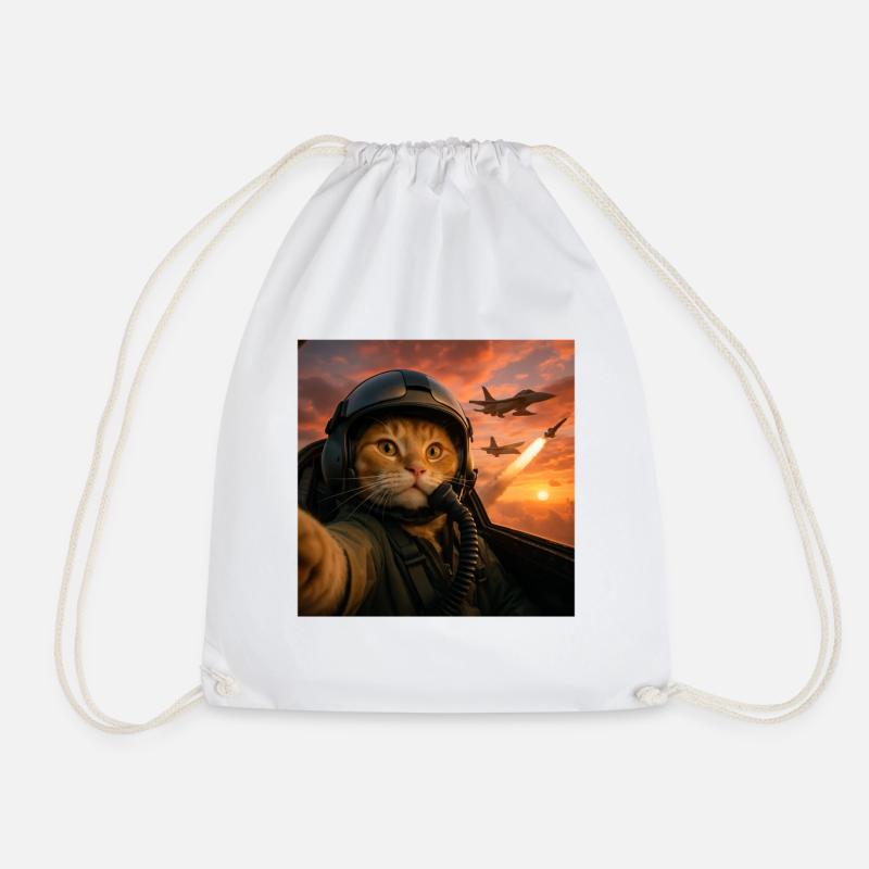 Selfie Squad Cat Funny Fighter Pilot Meme Cat - Drawstring Bag - white