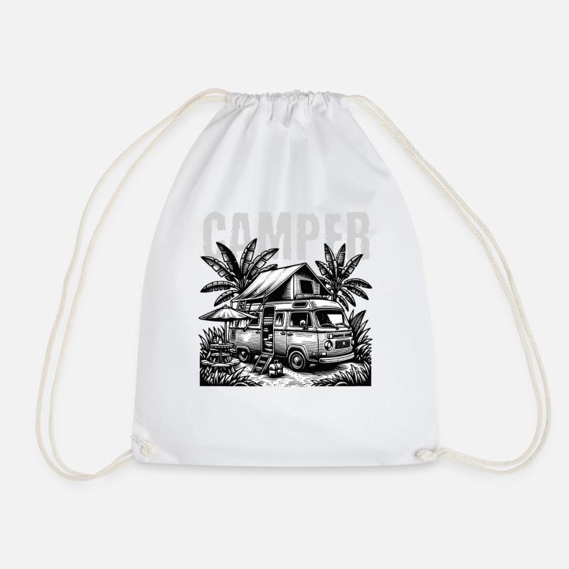Camper Van Vacation Lifestyle Illustration - Drawstring Bag - white