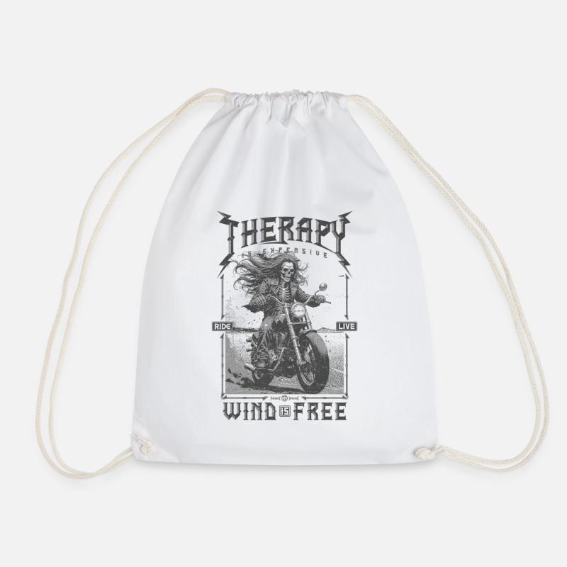 Therapy is Expensive Wind is Free Motorcycle Rider - Drawstring Bag - white