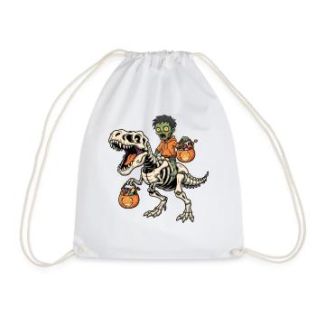 Zombie Riding Skeleton T-Rex Halloween Dinosaur - Drawstring Bag - white - Front