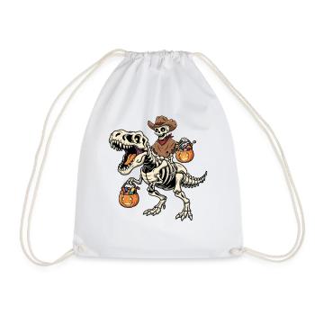 Cowboy Riding Skeleton T-Rex Halloween Dinosaur - Drawstring Bag - white - Front