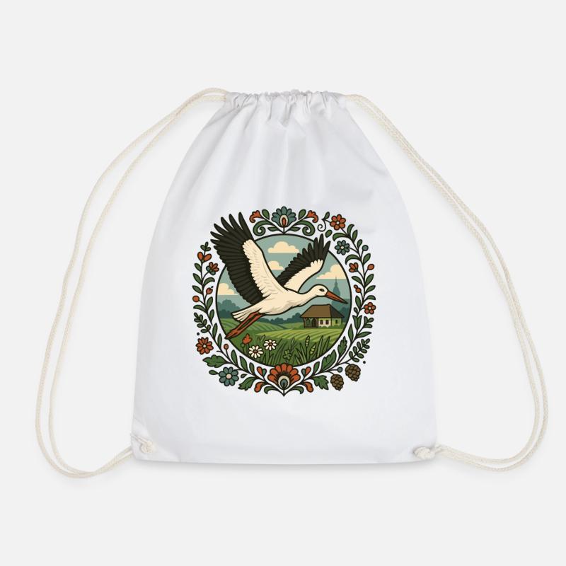 Polish Stork Folk Art Countryside Design - Drawstring Bag - white