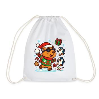 Happy Capybara with Penguins – Funny - Drawstring Bag - white - Front