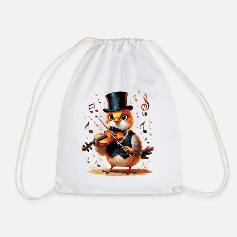 Bird in top hat plays violin - Drawstring Bag - white