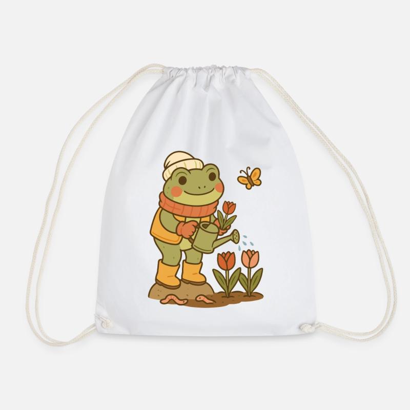 Spring Frog – Flower Garden Frogcore - Drawstring Bag - white