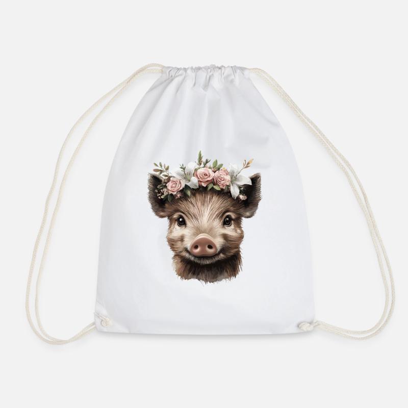 Schwein mit Blumenkronen Design - Turnbeutel - Weiß
