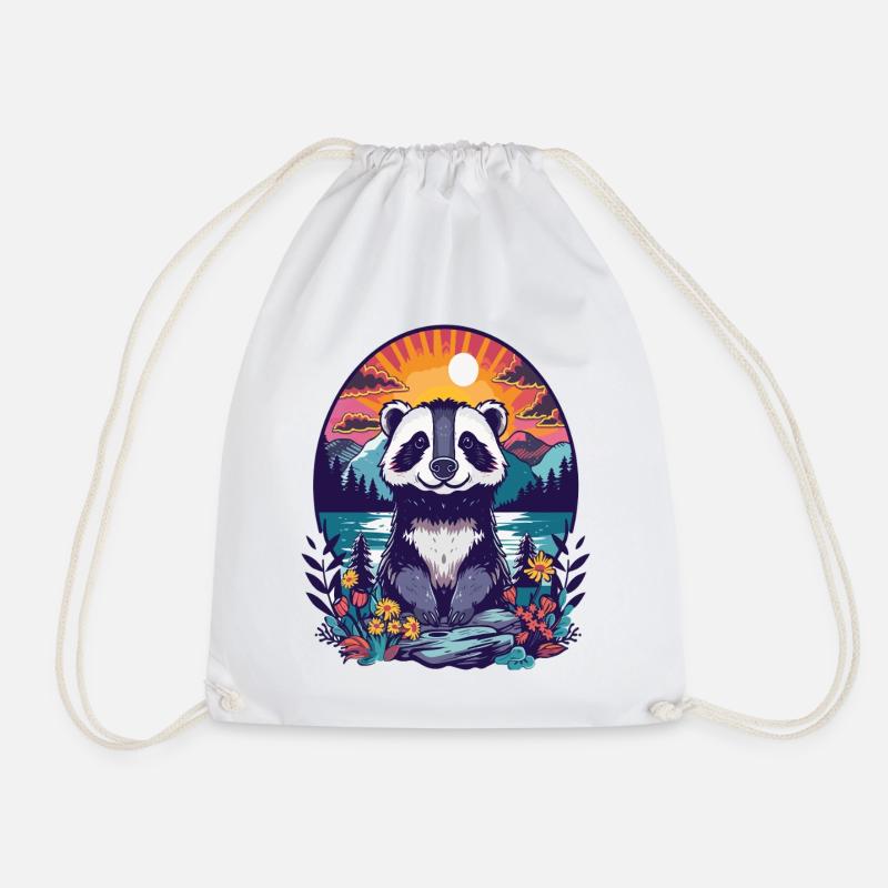 Panda Sunset Forest Illustration - Drawstring Bag - white
