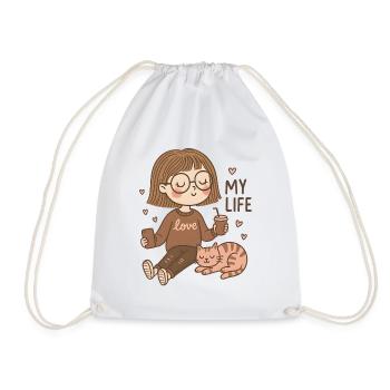 Cozy Girl & Cat – My Life Design - Turnbeutel - Weiß - Vorne
