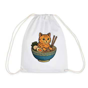 Funny Cat in Ramen Bowl Noodle Soup Cats - Drawstring Bag - white - Front