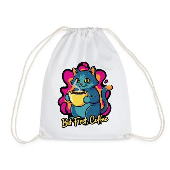 Coffee Cat – But First Coffee - Drawstring Bag - white - Front