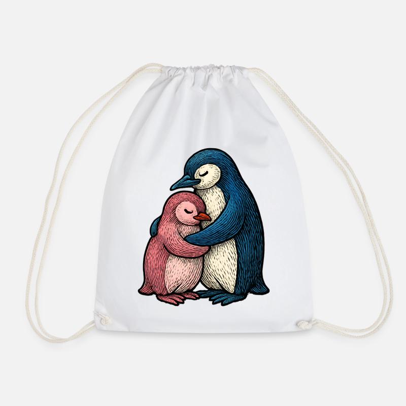 Hugged Penguins: Blue Pink Duo - Drawstring Bag - white