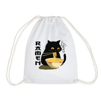 Ramen Lover - Black Cat with Noodles - Drawstring Bag - white - Front